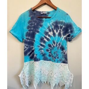 SOLITAIRE Top Womens M Tie Dye Lace Trim Tunic Blue Aqua Crochet Boho Hippy
